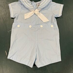 Vintage Light Blue Boys Sailor Romper with White Accents size 6-9 months